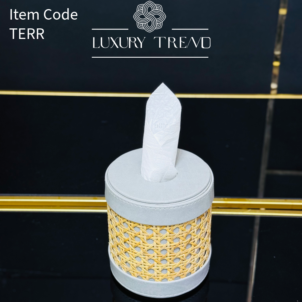 علبة مناديل جلد شكل دائري مع الريتان