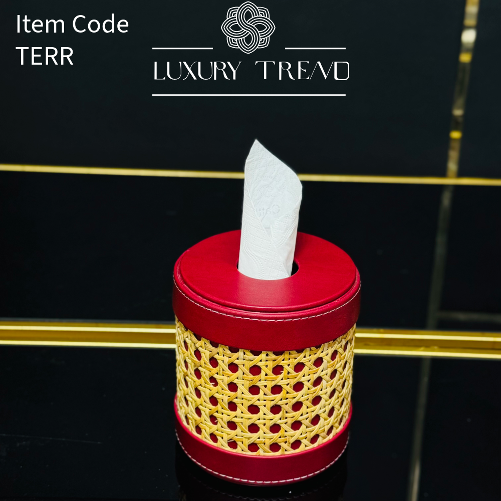 علبة مناديل جلد شكل دائري مع الريتان