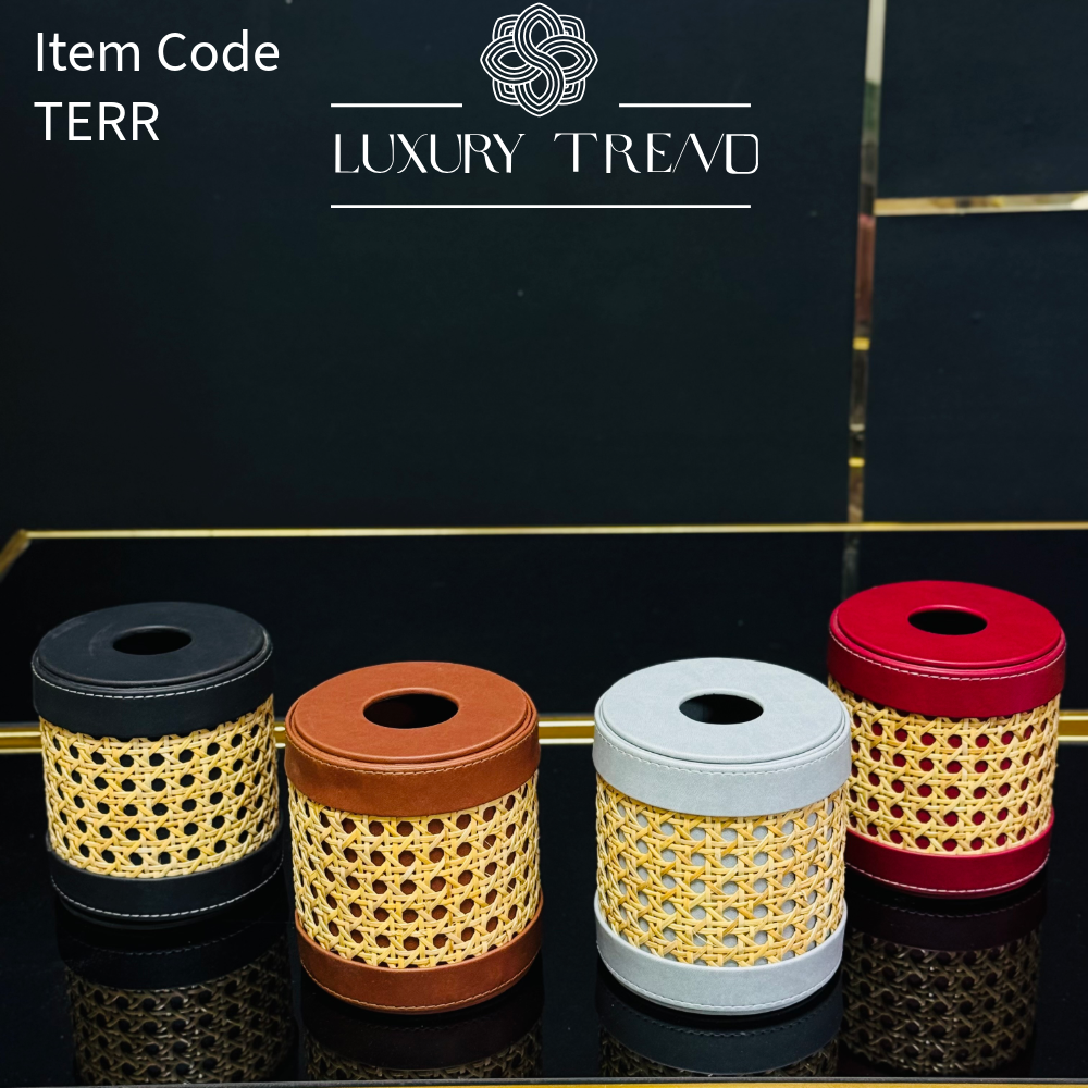 علبة مناديل جلد شكل دائري مع الريتان