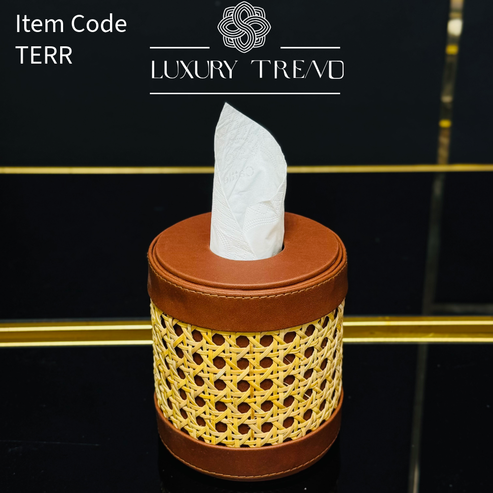 علبة مناديل جلد شكل دائري مع الريتان