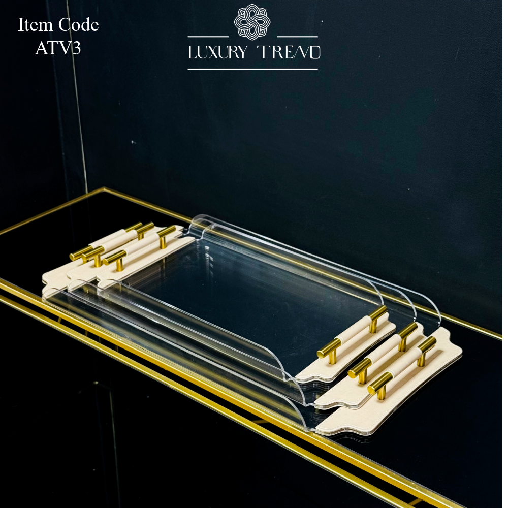 طقم صواني اكرلك مع جلد بمقابض معدنية