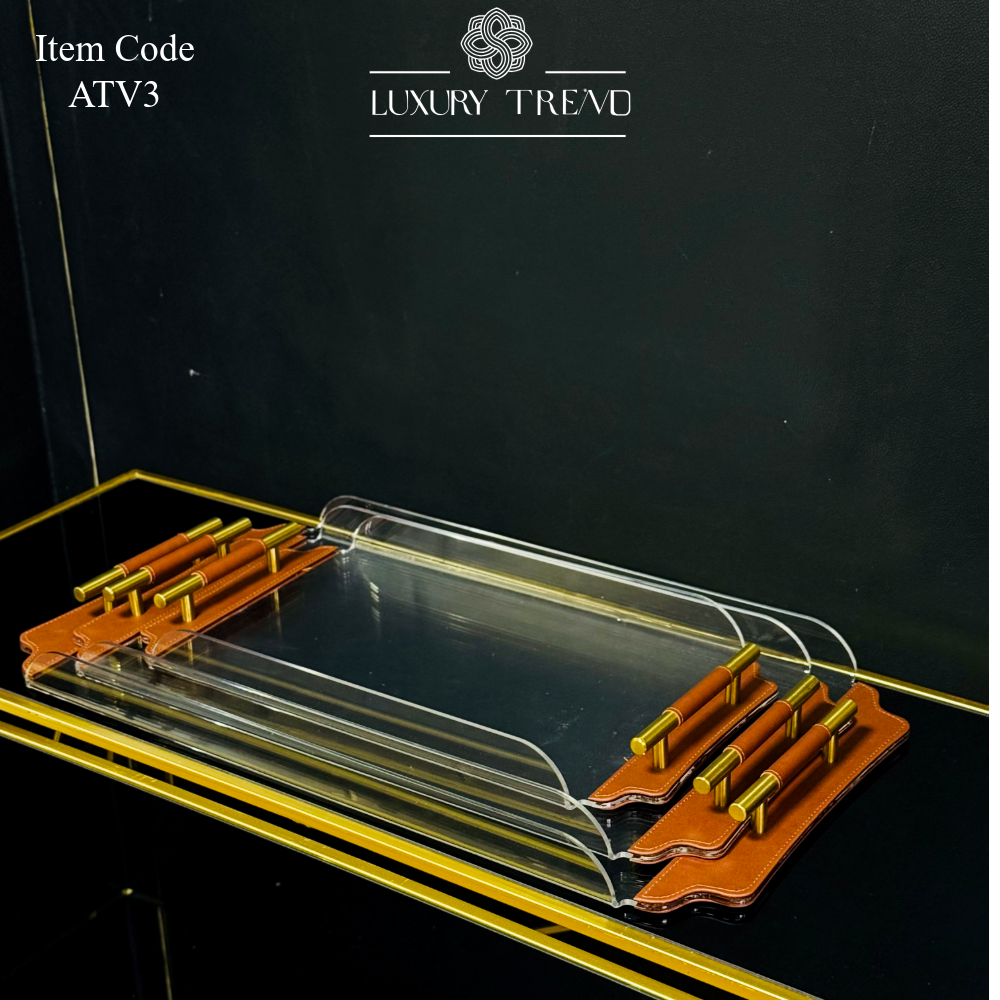 طقم صواني اكرلك مع جلد بمقابض معدنية